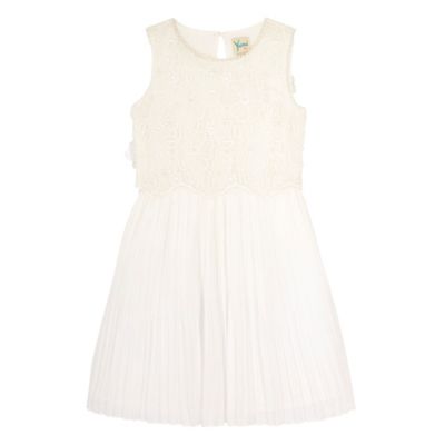 Yumi Girl Cream 3D Floral and Pearl Pleated Dress
